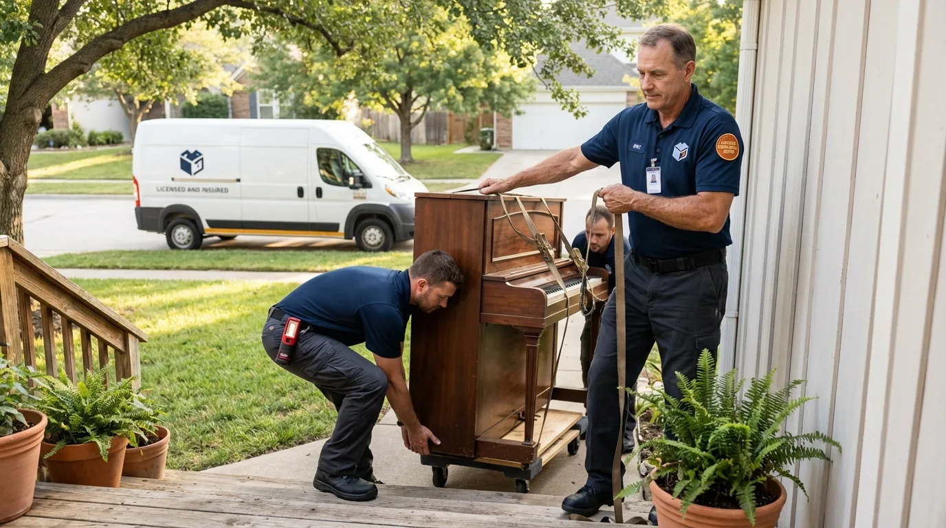 Licensed piano movers securing grand piano in Scotland Neck, NC