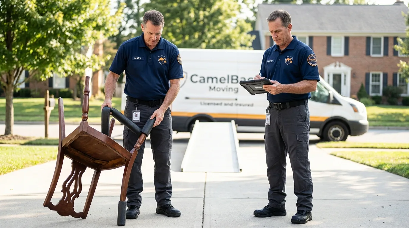 Movers inspecting furniture for damage prevention before loading in Scotland Neck, NC