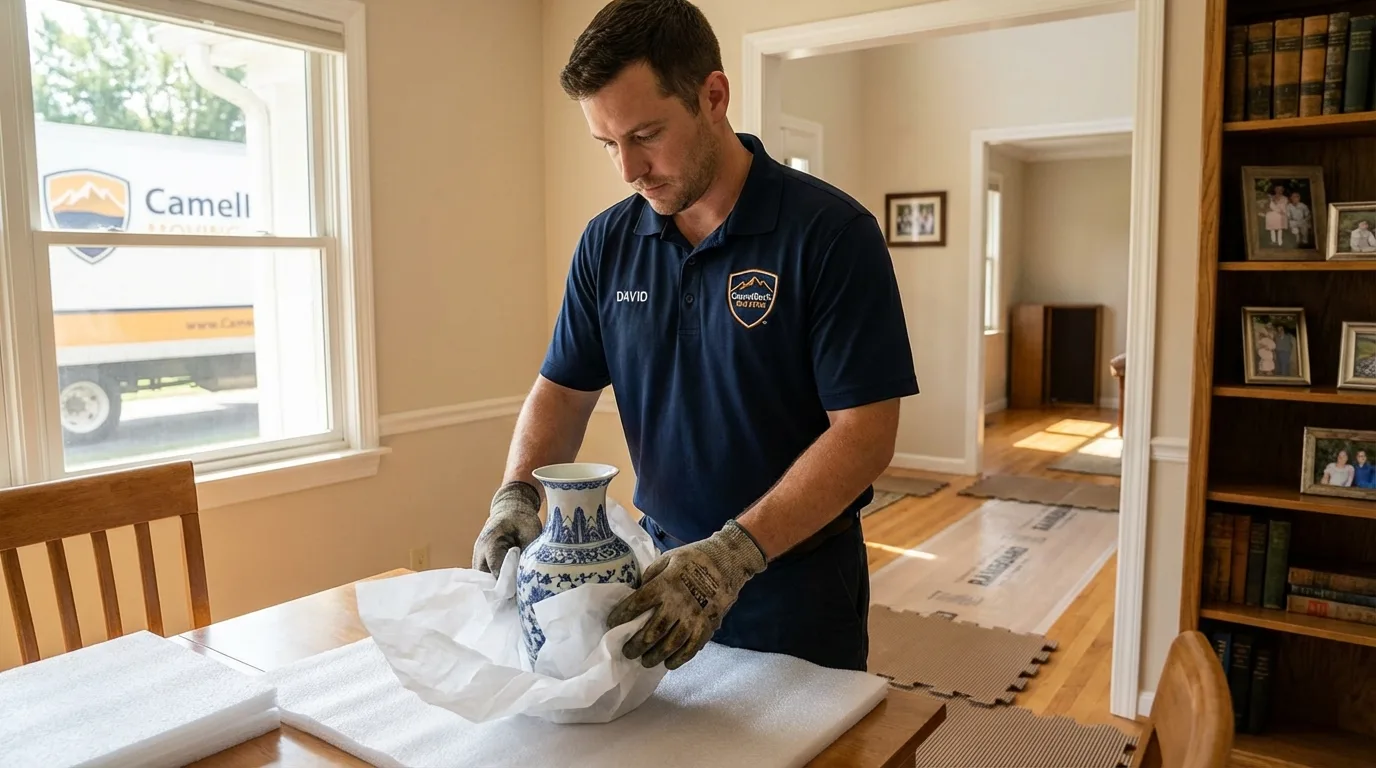 Professional crew carefully wrapping antique vase for senior downsizing move in Scotland Neck, NC